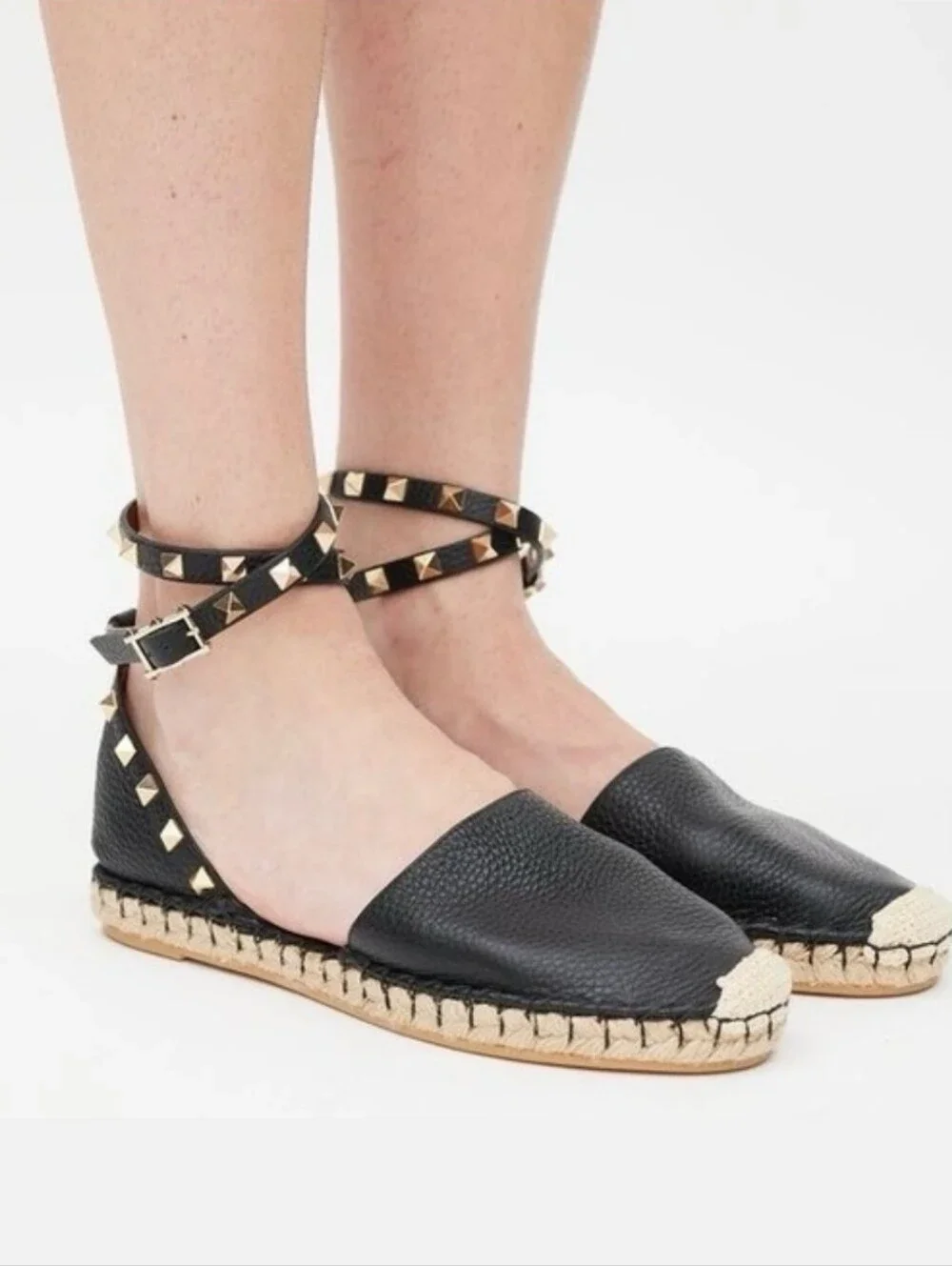 AUTHENTIC VALENTINO GARVANI BLACK LEATHER ROCKSTUD ESPADRILLE SHOES  $1195 ITALY